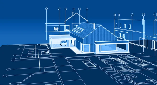 Modern ev mimari projesi çizimi 3D illüstrasyon