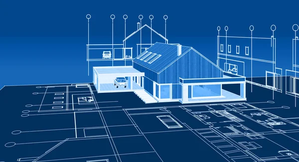 Современный Дом Архитектурный Эскиз Проекта Иллюстрация — стоковое фото