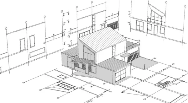 現代住宅建築プロジェクトスケッチ3Dイラスト — ストック写真