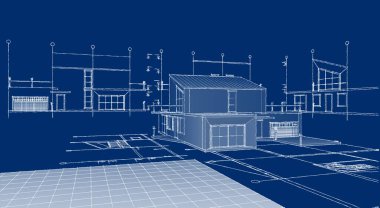 Modern ev mimari projesi çizimi 3D illüstrasyon