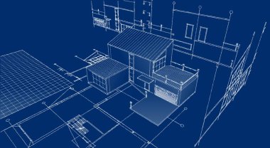 Modern ev mimari projesi çizimi 3D illüstrasyon