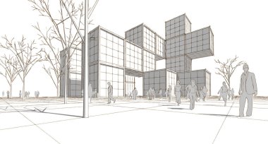 soyut modern mimari modüler cephe 3D illüstrasyon