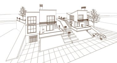 ev mimarisi çizimi 3d illüstrasyon