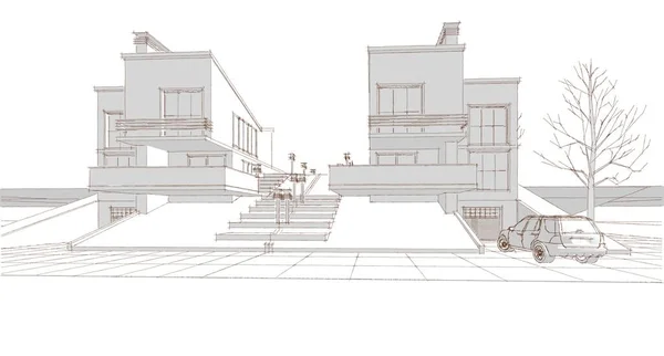 房屋建筑草图3D插图 — 图库照片