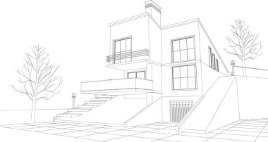 Modern ev mimari projesi çizimi 3D illüstrasyon