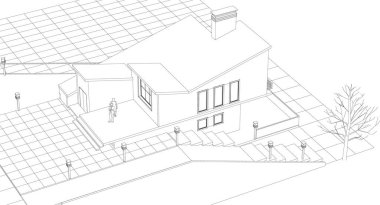 Modern ev mimari projesi çizimi 3D illüstrasyon