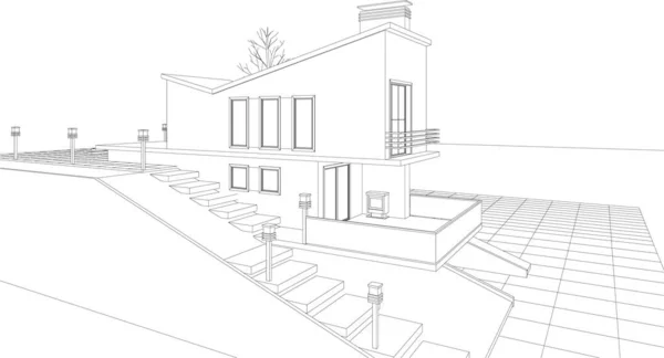 Casa Moderna Progetto Architettonico Schizzo Illustrazione — Vettoriale Stock