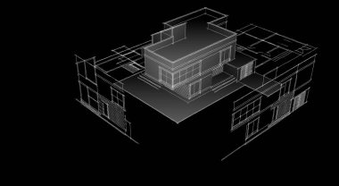 Modern ev mimari projesi çizimi 3D illüstrasyon