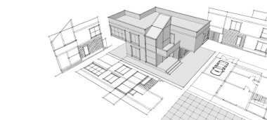Modern ev mimari projesi çizimi 3D illüstrasyon
