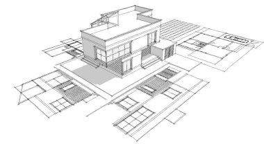 Modern ev mimari projesi çizimi 3D illüstrasyon