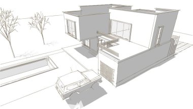 Modern ev mimari projesi çizimi 3D illüstrasyon