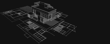 Modern ev mimari projesi çizimi 3D illüstrasyon