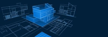 Modern ev mimari projesi çizimi 3D illüstrasyon