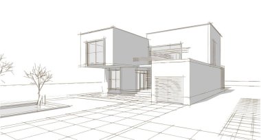 Modern ev mimari projesi çizimi 3D illüstrasyon