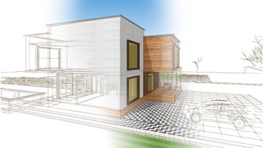 Modern ev mimari projesi çizimi 3D illüstrasyon