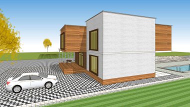 Modern ev mimari projesi çizimi 3D illüstrasyon