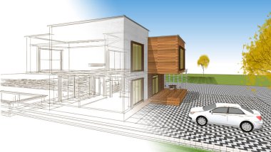 Modern ev mimari projesi çizimi 3D illüstrasyon