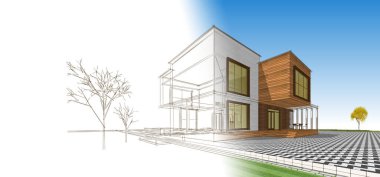 Modern ev mimari projesi çizimi 3D illüstrasyon