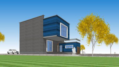 Modern ev mimari projesi çizimi 3D illüstrasyon