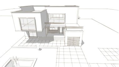 Modern ev mimari projesi çizimi 3D illüstrasyon