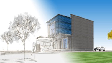 Modern ev mimari projesi çizimi 3D illüstrasyon