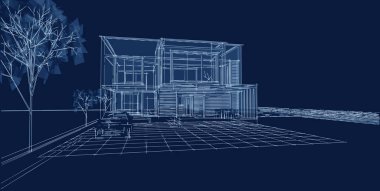 Modern ev mimari projesi çizimi 3D illüstrasyon