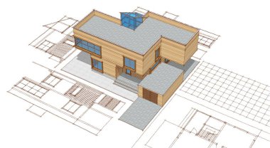 Modern ev mimari projesi çizimi 3D illüstrasyon