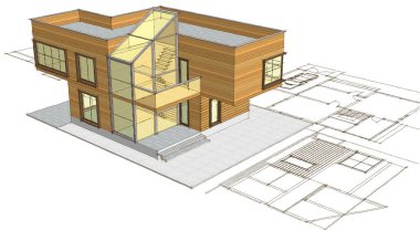 Modern ev mimari projesi çizimi 3D illüstrasyon
