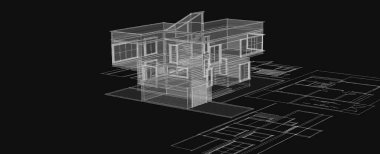 Modern ev mimari projesi çizimi 3D illüstrasyon