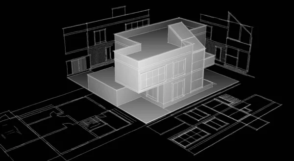 Casa Moderna Projeto Arquitetônico Esboço Ilustração — Fotografia de Stock