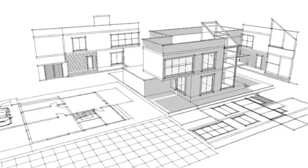 Modern ev mimari projesi çizimi 3D illüstrasyon