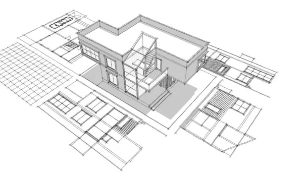 Nowoczesny Dom Projekt Architektoniczny Szkic Ilustracja — Zdjęcie stockowe