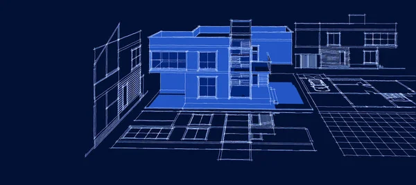 Casa Moderna Projeto Arquitetônico Esboço Ilustração — Fotografia de Stock