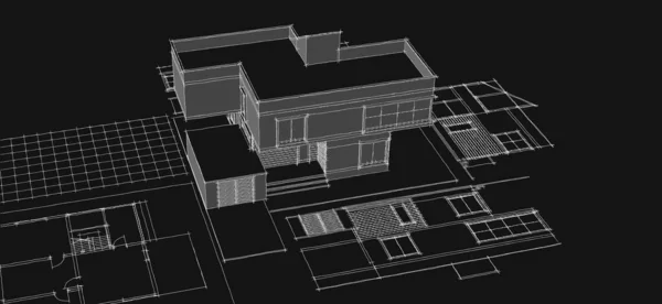 现代房屋建筑草图3D插图 — 图库照片