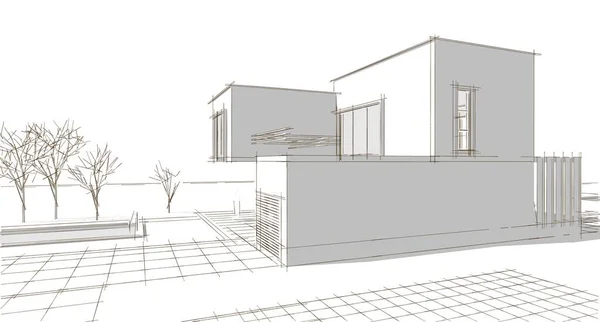 Casa Moderna Proyecto Arquitectónico Bosquejo Ilustración —  Fotos de Stock