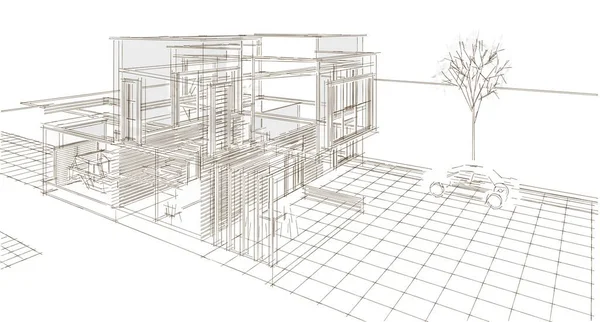 现代房屋建筑草图3D插图 — 图库照片