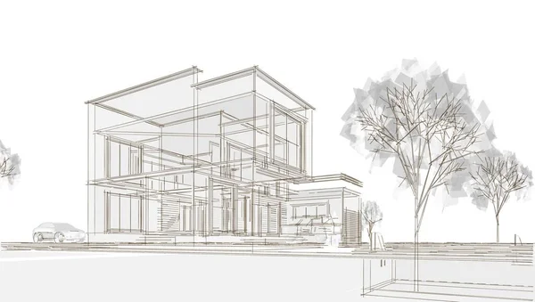 Modern Ház Építészeti Projekt Vázlat Illusztráció — Stock Fotó