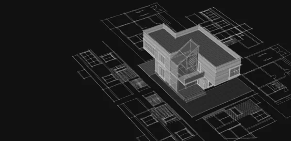 Casa Moderna Projeto Arquitetônico Esboço Ilustração — Fotografia de Stock