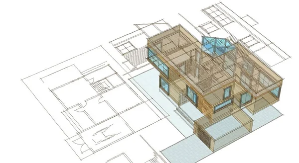 Casa Moderna Projeto Arquitetônico Esboço Ilustração — Fotografia de Stock