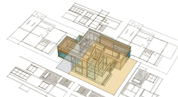 Nowoczesny Dom Projekt Architektoniczny Szkic Ilustracja — Zdjęcie stockowe