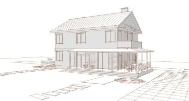 Modern ev mimari projesi çizimi 3D illüstrasyon