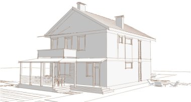 Modern ev mimari projesi çizimi 3D illüstrasyon