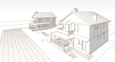 Modern ev mimari projesi çizimi 3D illüstrasyon