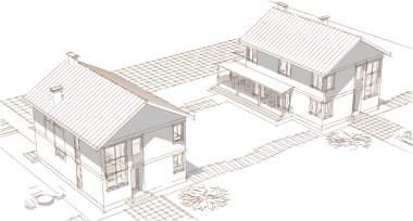 Modern ev mimari projesi çizimi 3D illüstrasyon