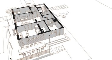 Modern ev mimari projesi çizimi 3D illüstrasyon