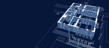 Modern ev mimari projesi çizimi 3D illüstrasyon