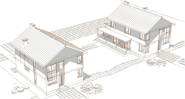 Modern ev mimari projesi çizimi 3D illüstrasyon