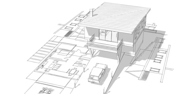 Modern Hus Arkitektoniska Projekt Skiss Illustration — Stockfoto