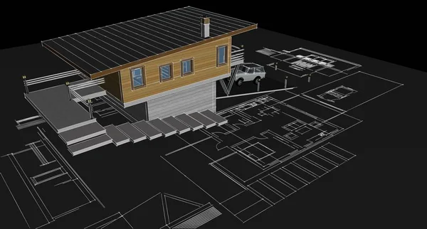 現代住宅建築プロジェクトスケッチ3Dイラスト — ストック写真