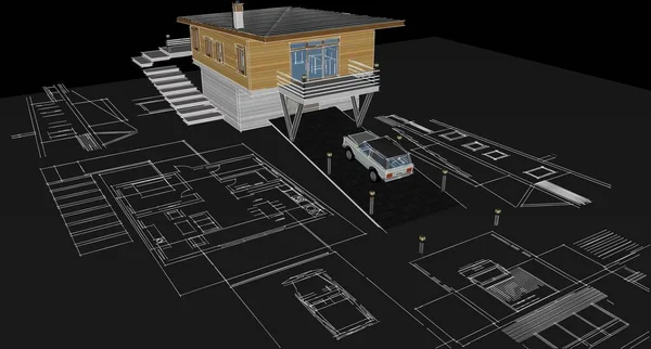 现代房屋建筑草图3D插图 — 图库照片